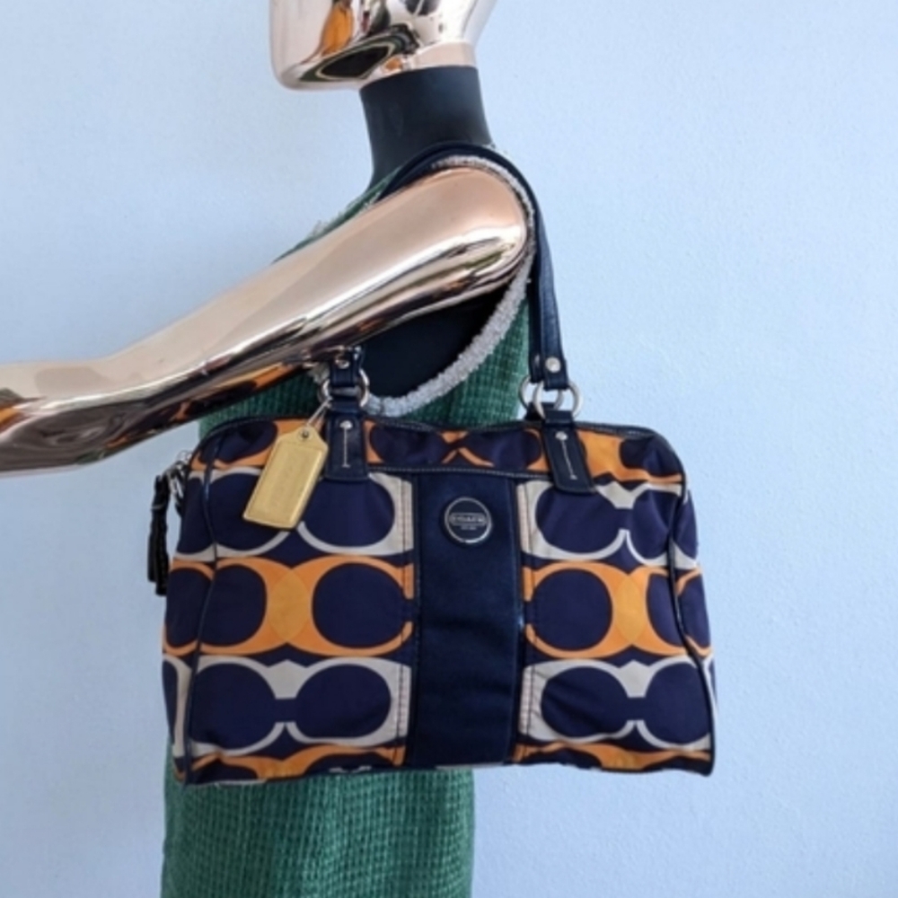 🍍Coach Signature Stripe Satchel Navy and Orange Shoulder Bag - Picture 11 of 11